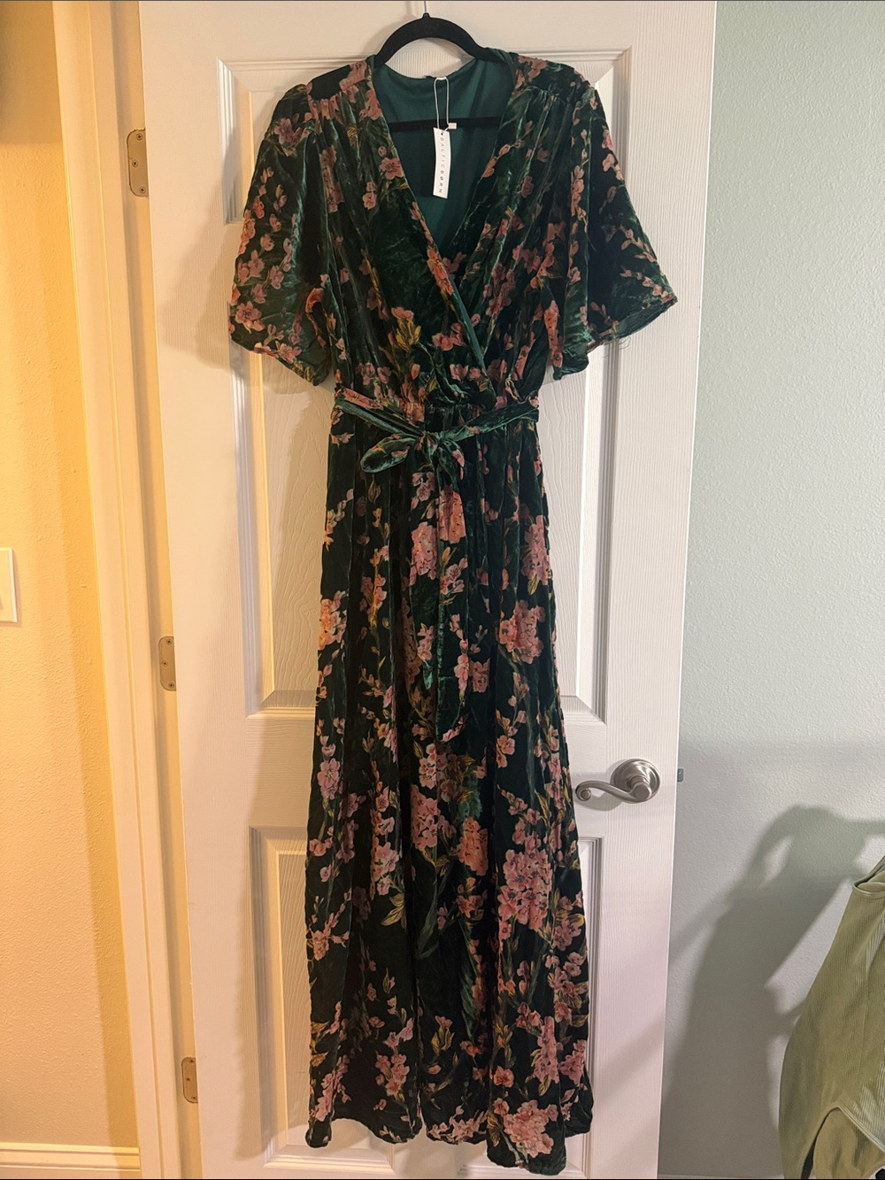 Baltic Born Dark Green Velvet Floral Wrap Maxi Dress